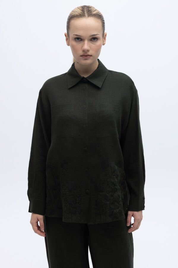 Nakış İşlemeli Keten Gömlek Haki - 1