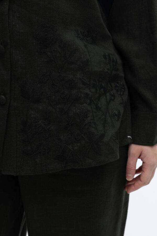 Nakış İşlemeli Keten Gömlek Haki - 3