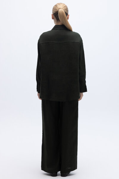 Nakış İşlemeli Keten Gömlek Haki - 4