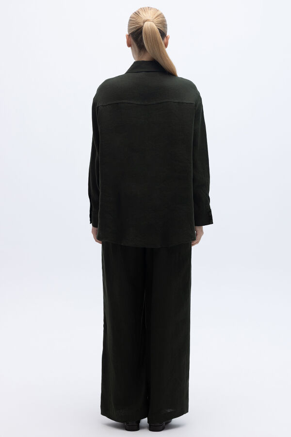 Nakış İşlemeli Keten Gömlek Haki - 4