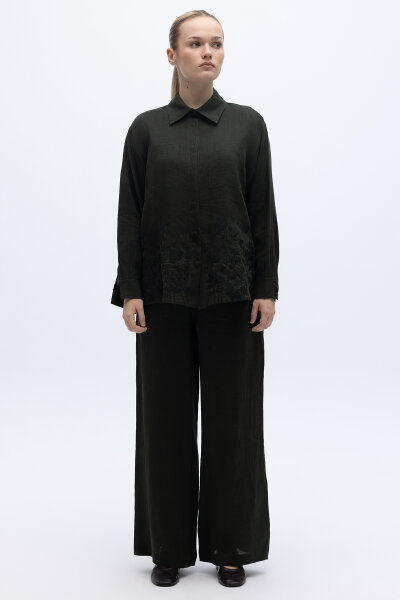 Nakış İşlemeli Keten Gömlek Haki - 5