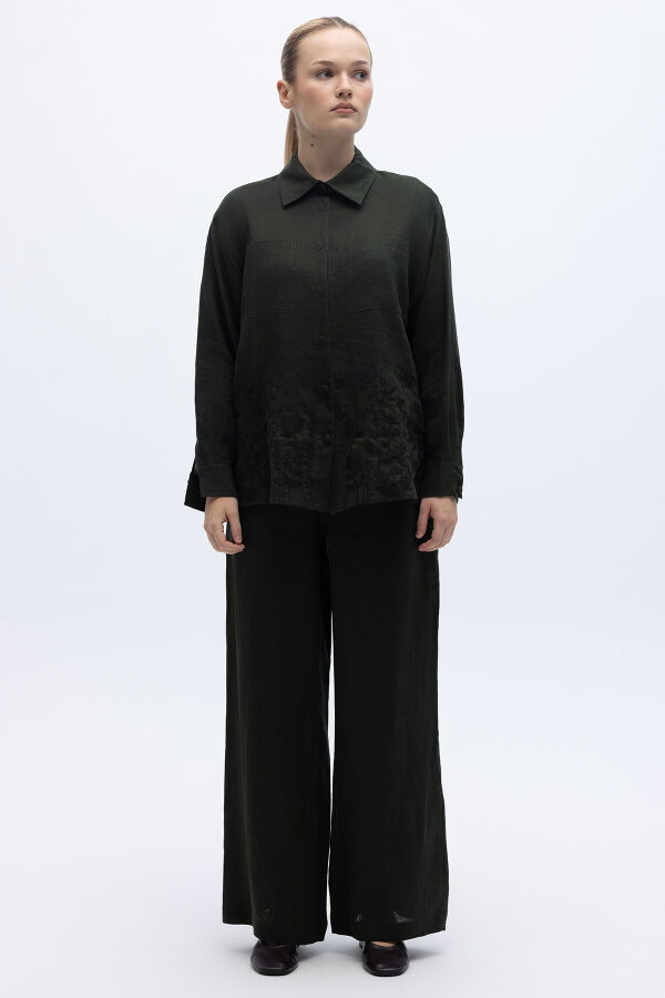 Nakış İşlemeli Keten Gömlek Haki - 5