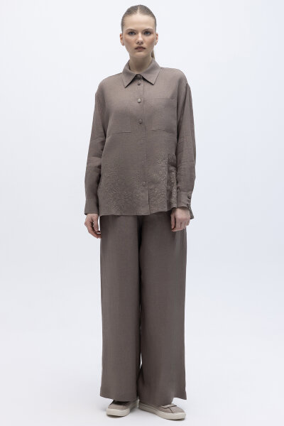 Nakış İşlemeli Keten Gömlek Mink - 1