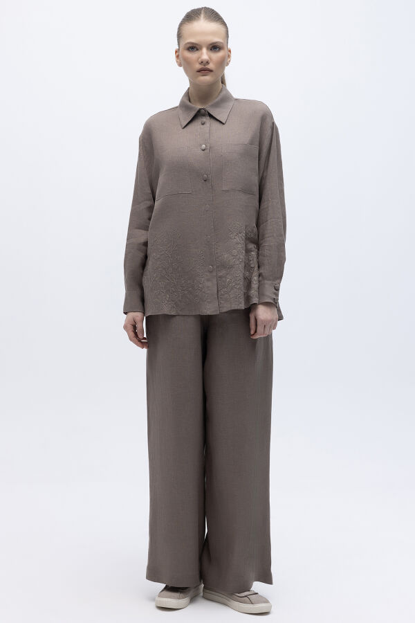 Nakış İşlemeli Keten Gömlek Mink - 1