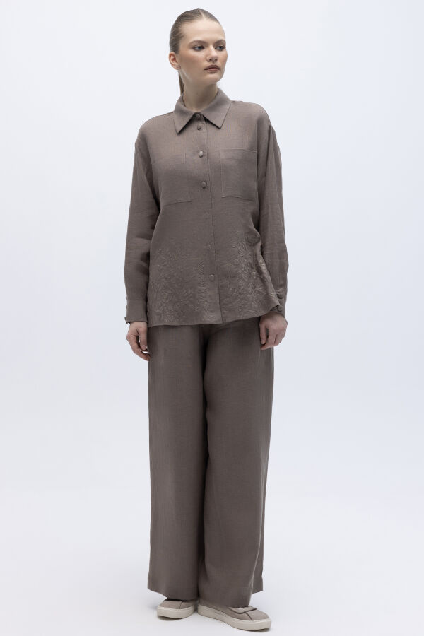 Nakış İşlemeli Keten Gömlek Mink - 3