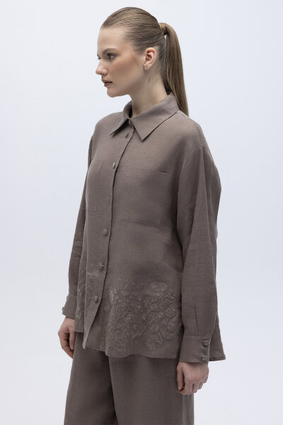 Nakış İşlemeli Keten Gömlek Mink - 4