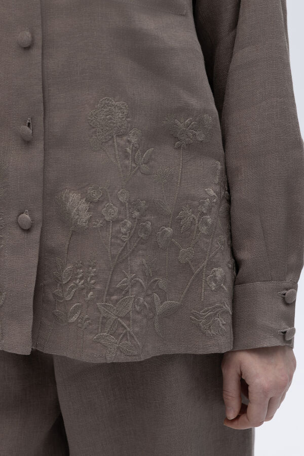 Nakış İşlemeli Keten Gömlek Mink - 5