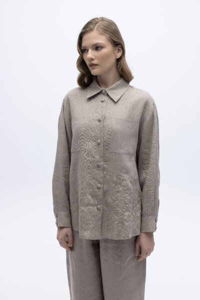 Nakış İşlemeli Keten Gömlek Stone 
