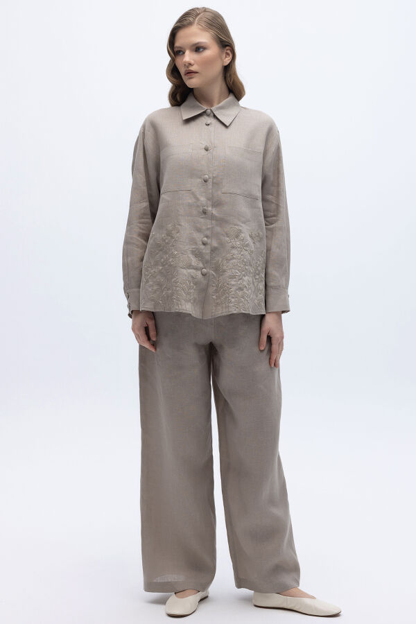 Nakış İşlemeli Keten Gömlek Stone - 5