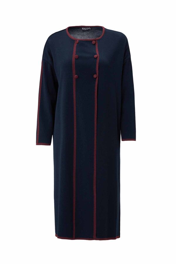 Navy Buttoned Collarless Cardigan with Color Stripes - 2