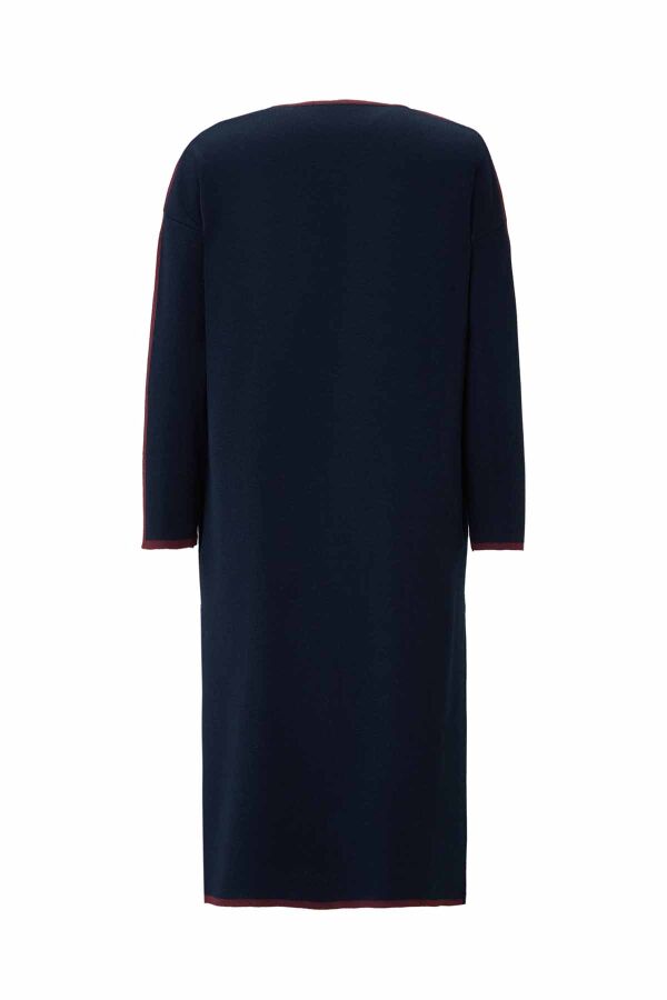 Navy Buttoned Collarless Cardigan with Color Stripes - 5