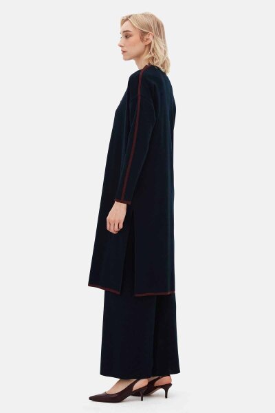 Navy Buttoned Collarless Cardigan with Color Stripes - 6