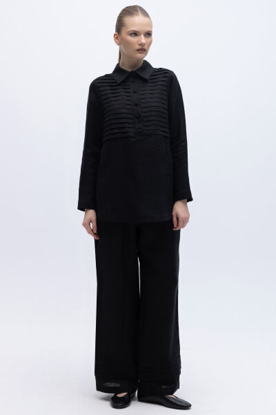 Nervürlü Bol Paça Keten Pantolon Siyah 