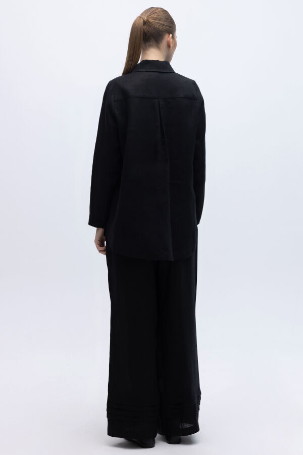 Nervürlü Bol Paça Keten Pantolon Siyah - 2