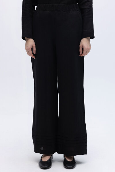 Nervürlü Bol Paça Keten Pantolon Siyah - 3