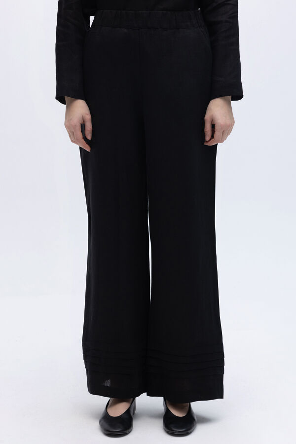 Nervürlü Bol Paça Keten Pantolon Siyah - 3