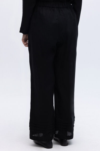 Nervürlü Bol Paça Keten Pantolon Siyah - 4