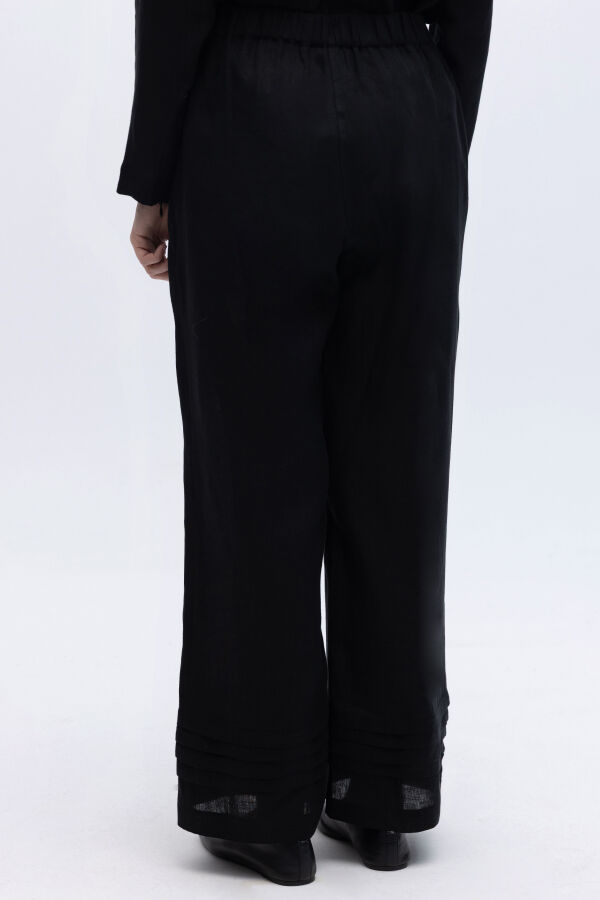 Nervürlü Bol Paça Keten Pantolon Siyah - 4