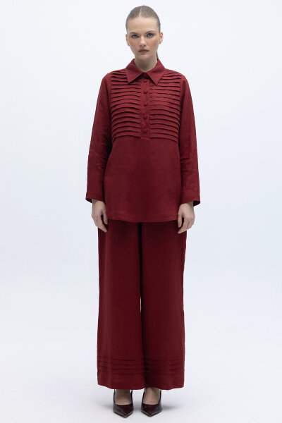 Nervürlü Bol Paça Keten Pantolon Cherry - 1