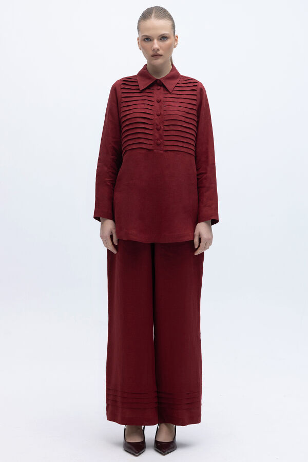 Nervürlü Bol Paça Keten Pantolon Cherry - 1