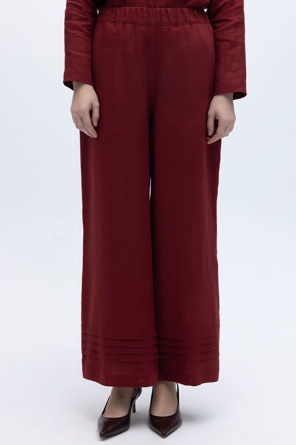 Nervürlü Bol Paça Keten Pantolon Cherry - 3