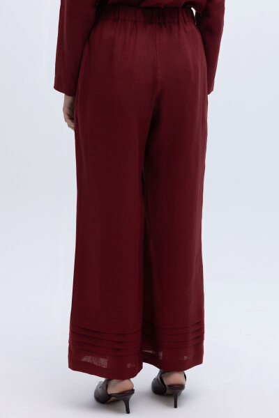 Nervürlü Bol Paça Keten Pantolon Cherry - 4