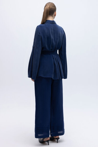 Nervürlü Bol Paça Keten Pantolon Navy - 2