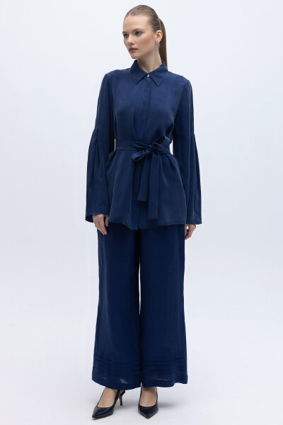 Nervürlü Bol Paça Keten Pantolon Navy 