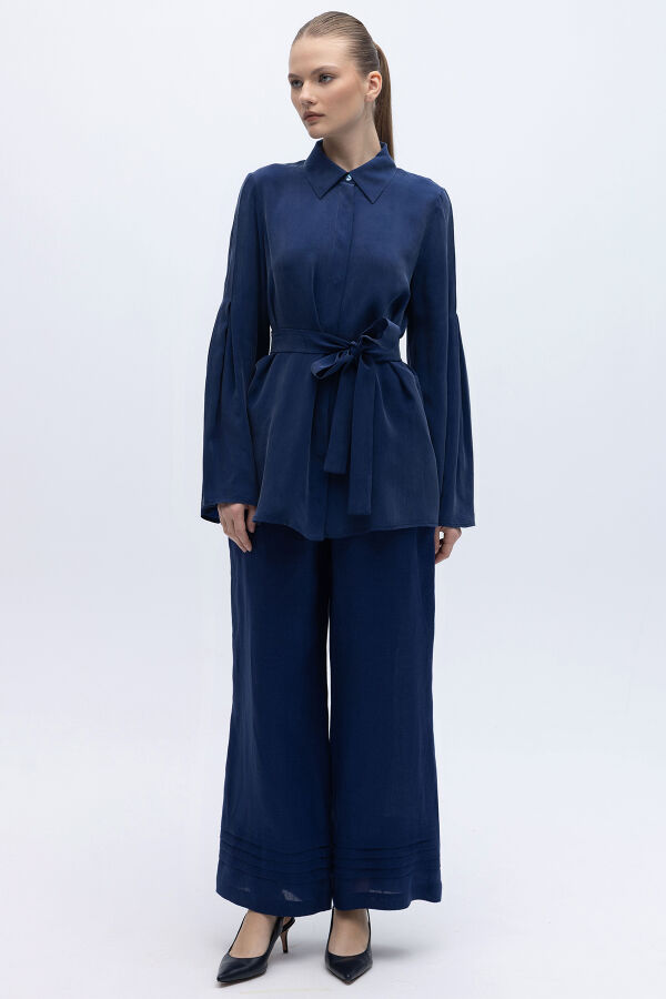 Nervürlü Bol Paça Keten Pantolon Navy - 1