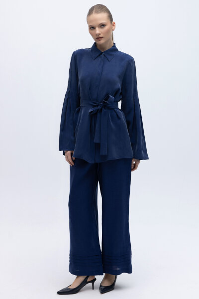 Nervürlü Bol Paça Keten Pantolon Navy - 3