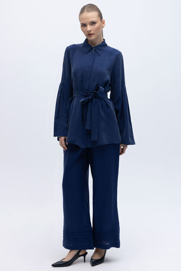 Nervürlü Bol Paça Keten Pantolon Navy - 3