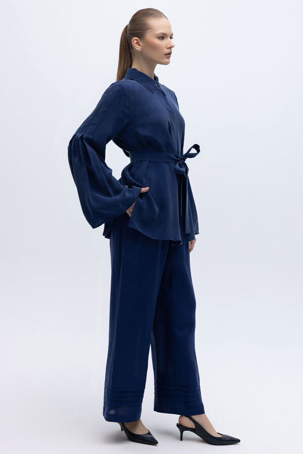 Nervürlü Bol Paça Keten Pantolon Navy - 4