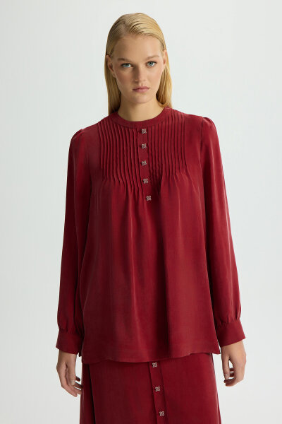 Ön Kısmı Aksesuarlı Cupro Tunik Cherry 