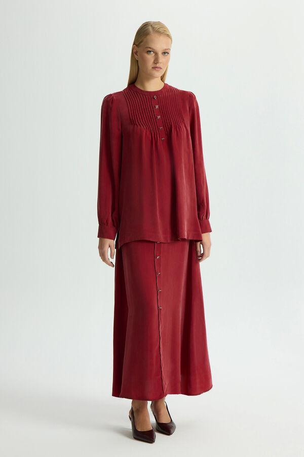 Ön Kısmı Aksesuarlı Cupro Tunik Cherry - 4