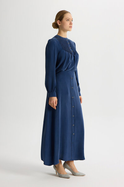 Ön Kısmı Aksesuarlı Cupro Tunik Navy - 3