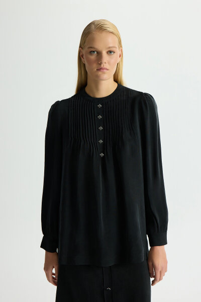 Ön Kısmı Aksesuarlı Cupro Tunik Siyah - 1