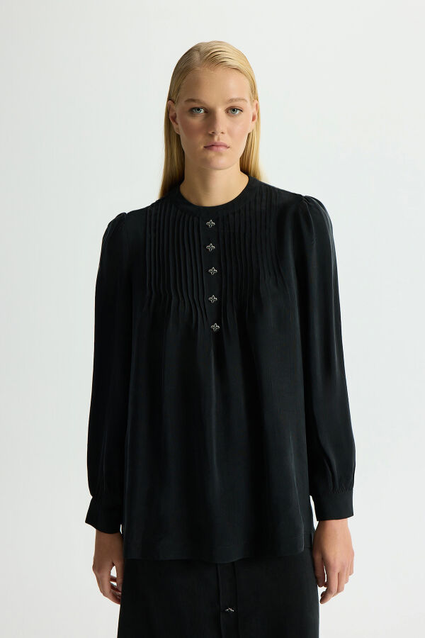 Ön Kısmı Aksesuarlı Cupro Tunik Siyah - 1