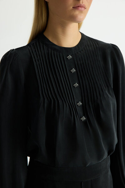 Ön Kısmı Aksesuarlı Cupro Tunik Siyah - 3