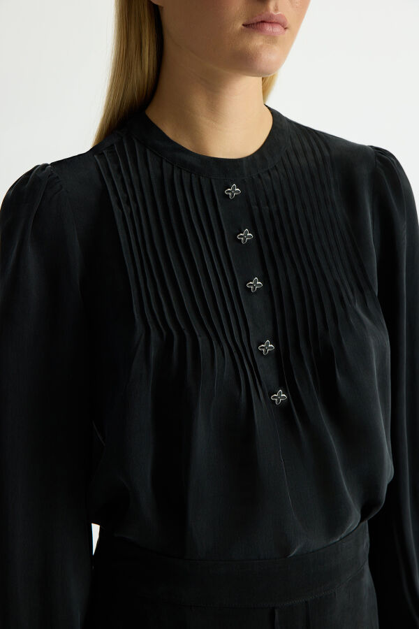 Ön Kısmı Aksesuarlı Cupro Tunik Siyah - 3