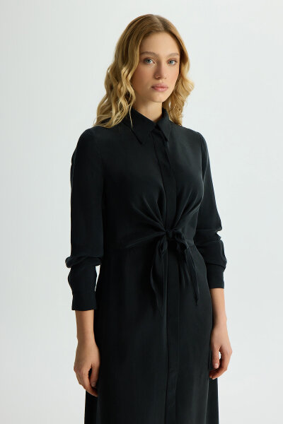 Ön Kısmı Bağlama Detaylı Cupro Elbise Siyah - 2