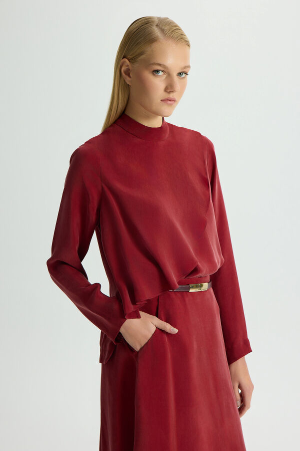 Ön Kısmı Hareketli Cupro Tunik Cherry - 3