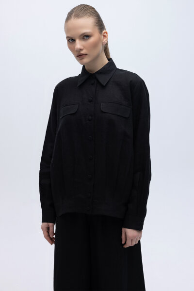 Önü Cep Kapaklı Keten Ceket Siyah 