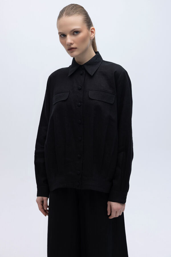 Önü Cep Kapaklı Keten Ceket Siyah - 1