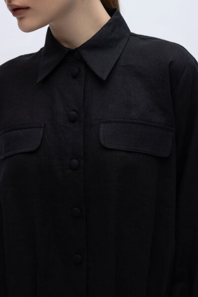 Önü Cep Kapaklı Keten Ceket Siyah - 2