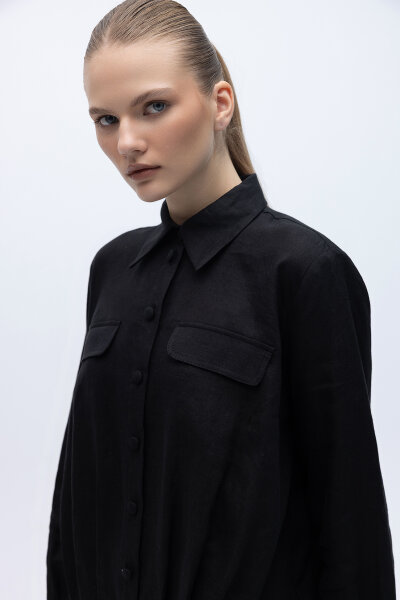 Önü Cep Kapaklı Keten Ceket Siyah - 3