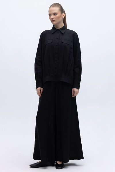 Önü Cep Kapaklı Keten Ceket Siyah - 5