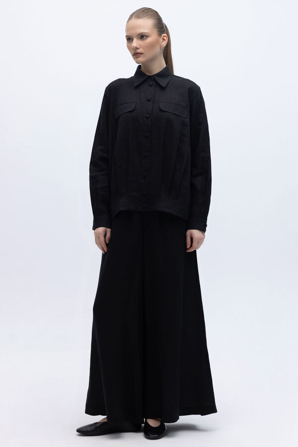 Önü Cep Kapaklı Keten Ceket Siyah - 5