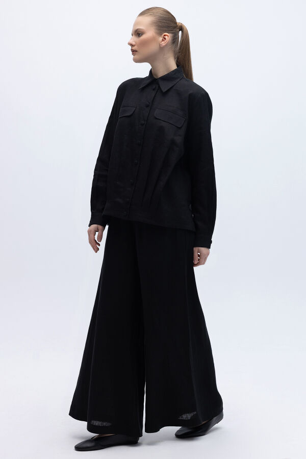 Önü Cep Kapaklı Keten Ceket Siyah - 6
