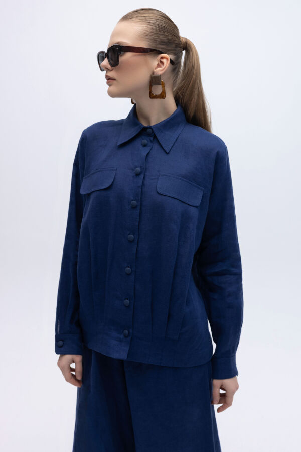 Önü Cep Kapaklı Keten Ceket Navy - 1
