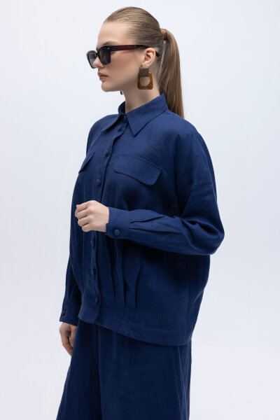 Önü Cep Kapaklı Keten Ceket Navy - 4